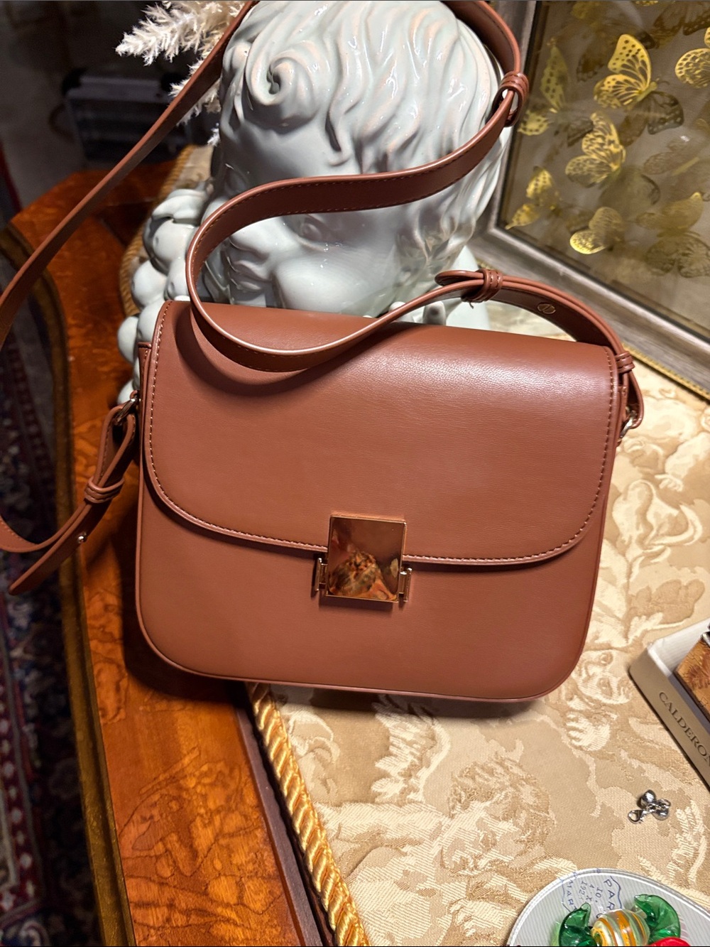 LOFT Brown Leather Crossbody with Gold-Tone Square Clasp